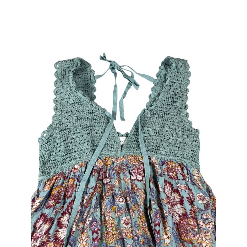 Heyson Floral Crochet Halter Babydoll Mini Dress Shirt Boho Cottagecore Teal SZ - Picture 2 of 9